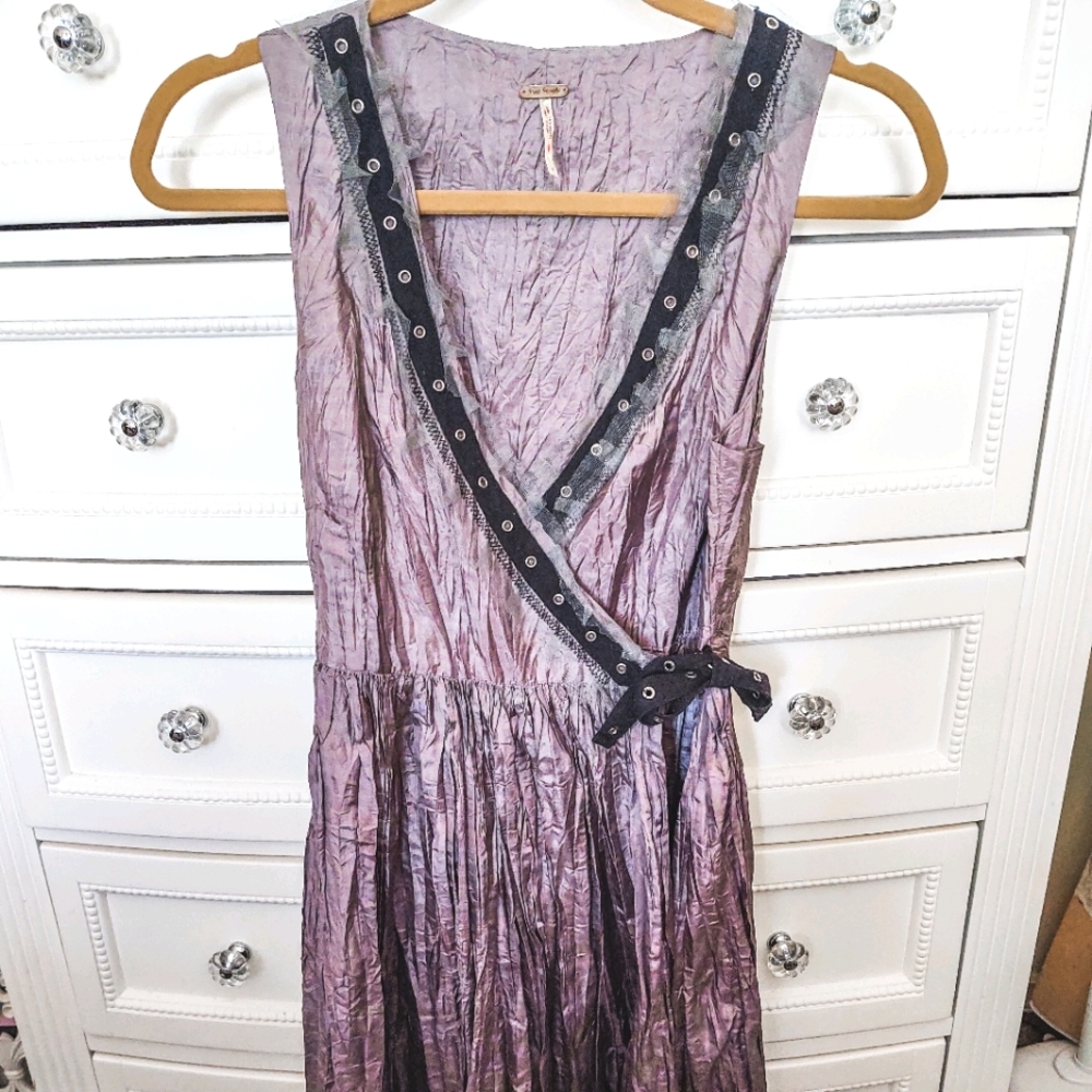 Free People Purple Silver Crinkled SilkWrap Dress